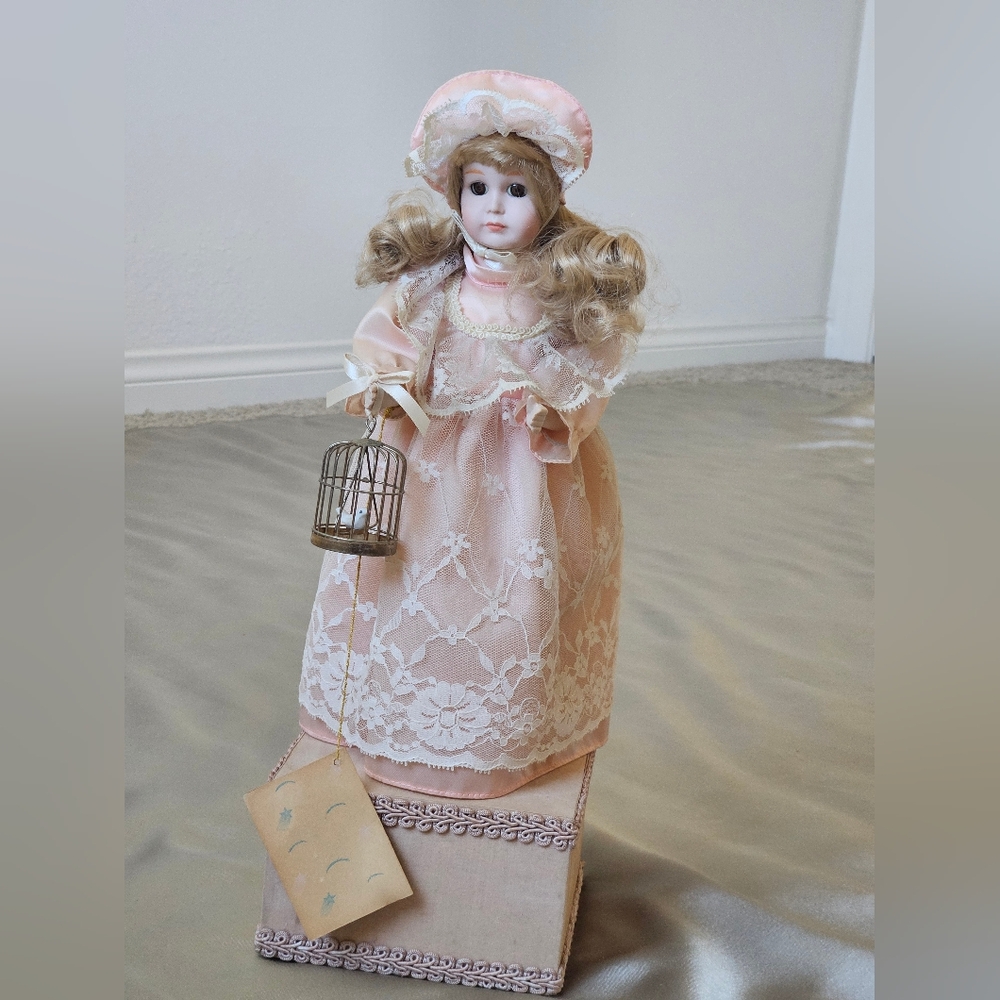 Rare Vintage Happyland Doll holding BirdCage With  Musical  Box